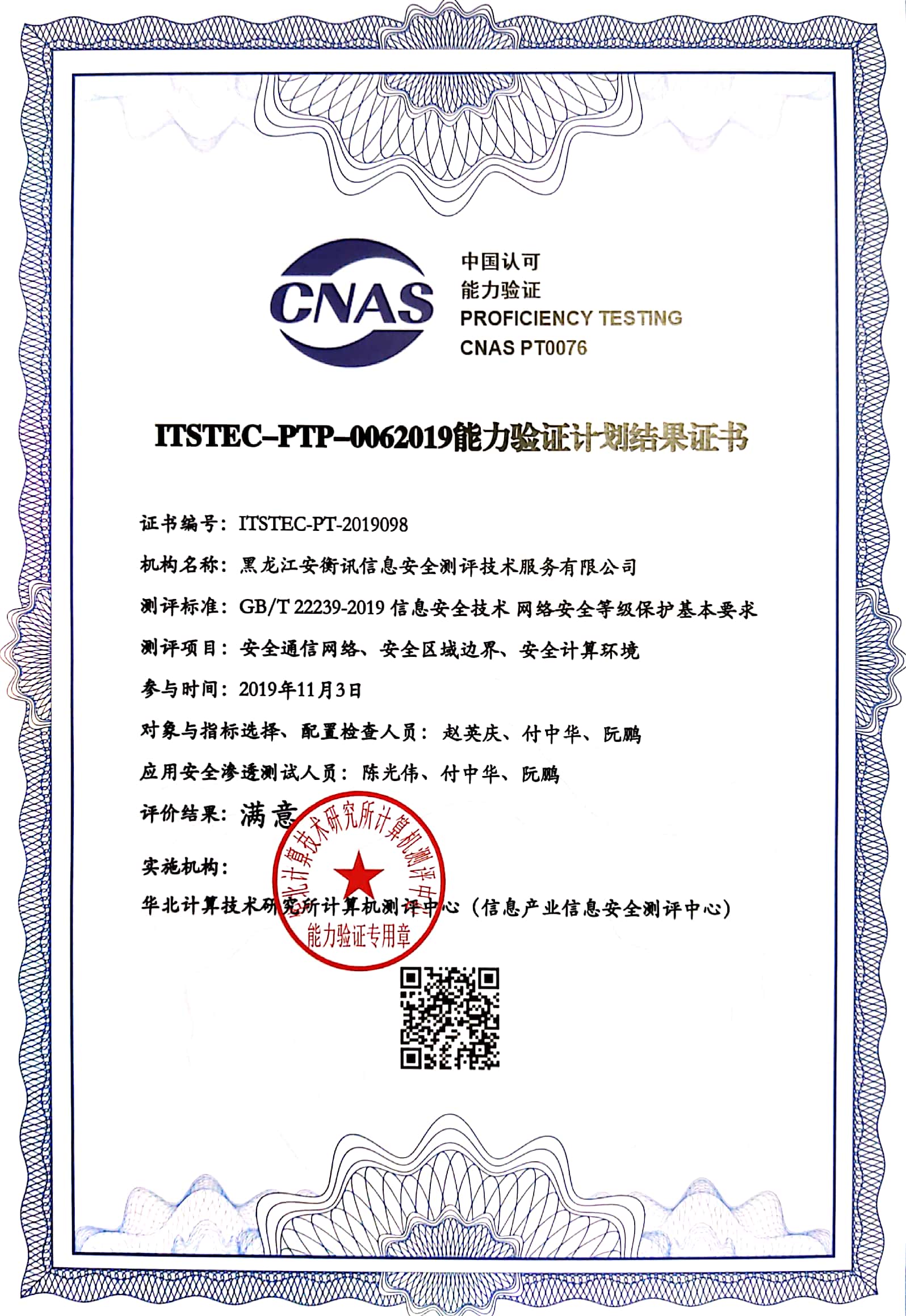 CNAS ITSTEC-PTP-0062019 Proficiency Testing Program Result Certificate